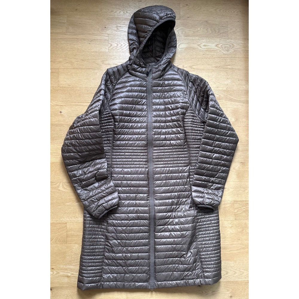 LL Bean Ultralight 850 Down Hooded Coat Taupe Brown Long Puffer Jacket Large